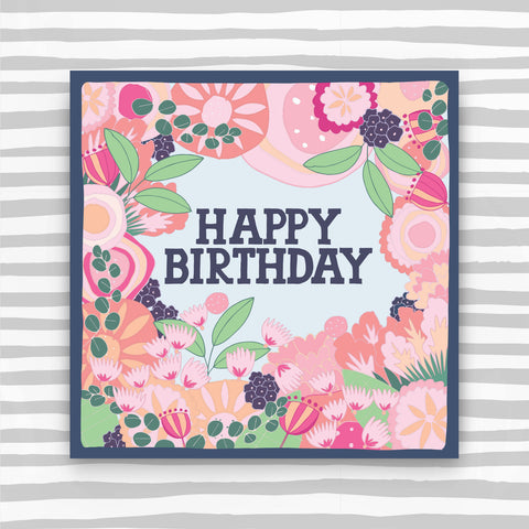 Happy Birthday - Pink flowers with purple border (CK01)