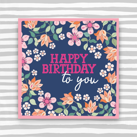 Happy Birthday to you - Pink flowers on blue background (CK03)