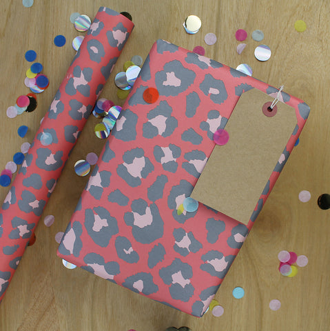 Leopard Print Large Grey on Red Gift Wrap (WR34)