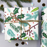 Christmas Giftwrap - Holly and foliage on white (WR50)