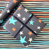 Giftwrap - Multi coloured stars on blue (WR62)